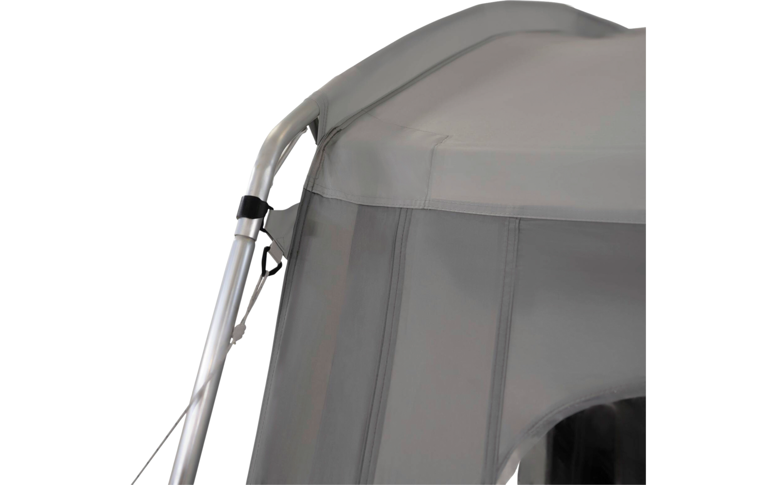 Close-up of a gray fabric canopy with seams attached to a silver metal frame with a strap and buckle; transparent plastic window at right