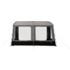 Rectangular grey tent with two large rectangular windows, black lower panel, guy lines and ground pegs