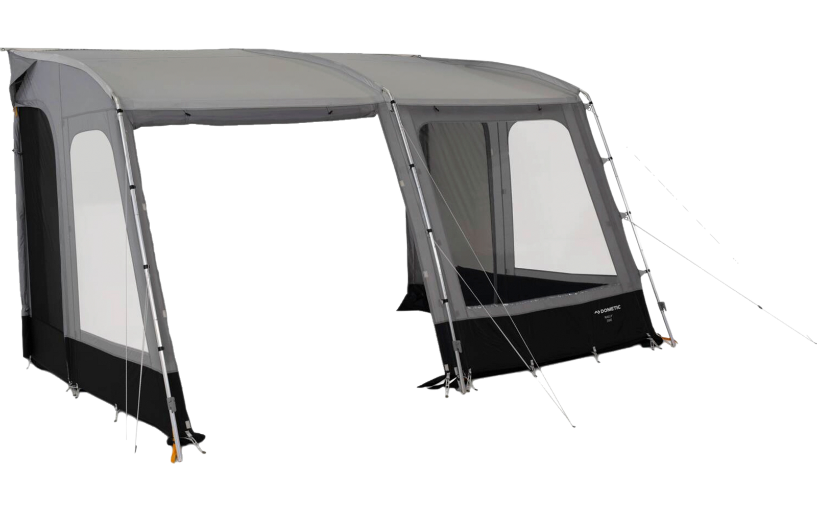 Grey awning with two large rectangular front openings, side windows, black groundsheet, curved inflatable beams and guy lines