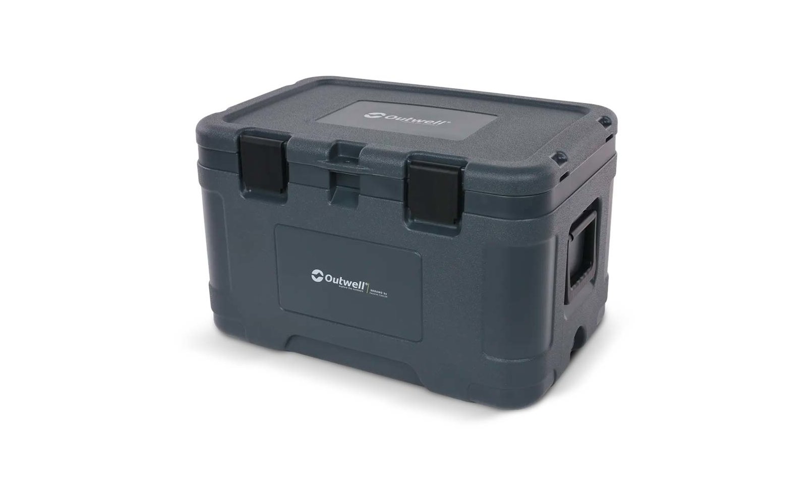 Cassa in plastica grigio scuro con due chiusure nere sul coperchio, apertura per la maniglia a destra e logo Outwell visibile sul davanti