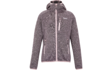 Graue melierte Fleecejacke mit Kapuze, durchgehendem Reißverschluss, hellrosa Kanten und Reißverschlüssen an Brust- und Seitentaschen, sichtbares Logo auf der linken Brust