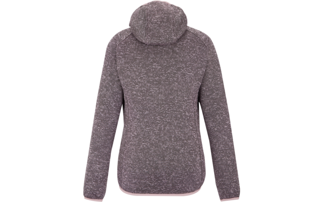 Rückansicht einer gestrickten Kapuzenjacke in meliertem Grau-Rosa, lange Ärmel und leicht gerundeter Saum