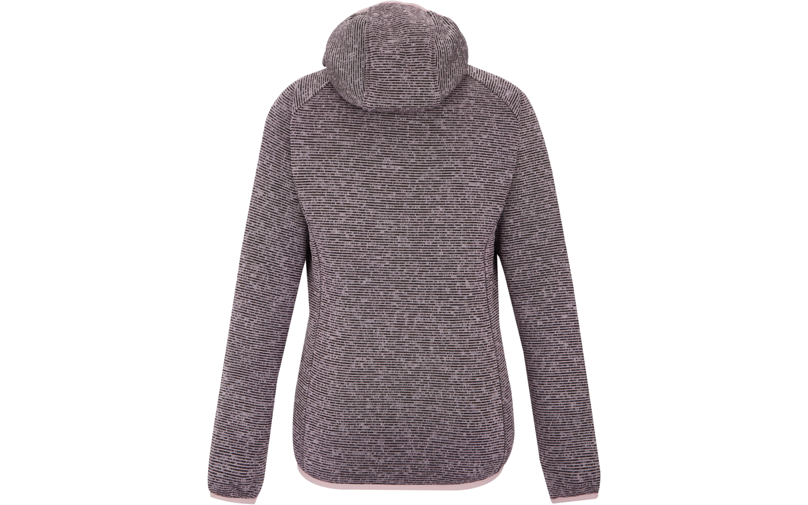 Rückansicht einer gestrickten Kapuzenjacke in meliertem Grau-Rosa, lange Ärmel und leicht gerundeter Saum