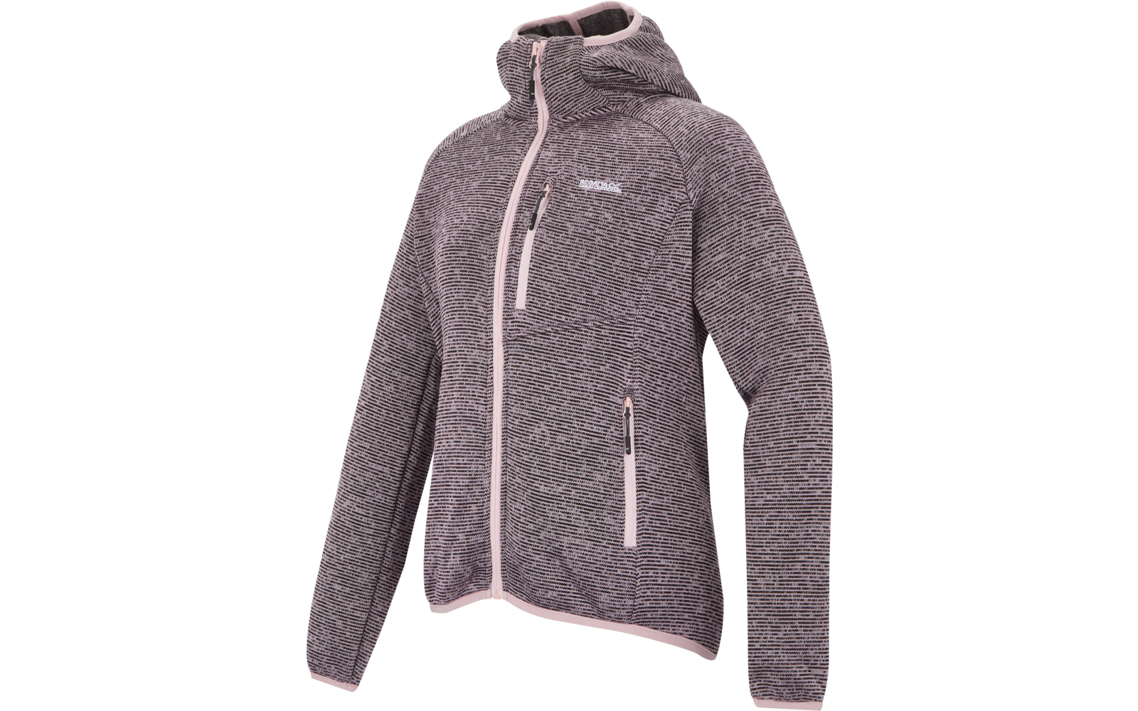 Grau melierte Kapuzenjacke mit durchgehendem Reißverschluss, zwei seitlichen Reißverschlusstaschen und einer Reißverschlusstasche auf der Brust, hellrosa Reißverschlussblenden