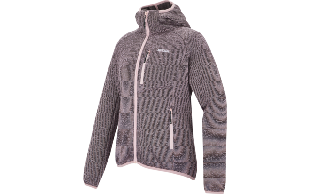 Grau melierte Kapuzenjacke mit durchgehendem Reißverschluss, zwei seitlichen Reißverschlusstaschen und einer Reißverschlusstasche auf der Brust, hellrosa Reißverschlussblenden