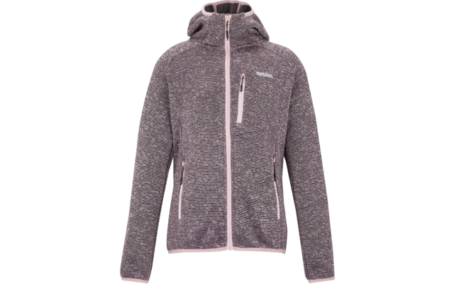 Graue melierte Fleecejacke mit Kapuze, durchgehendem Reißverschluss, hellrosa Kanten und Reißverschlüssen an Brust- und Seitentaschen, sichtbares Logo auf der linken Brust