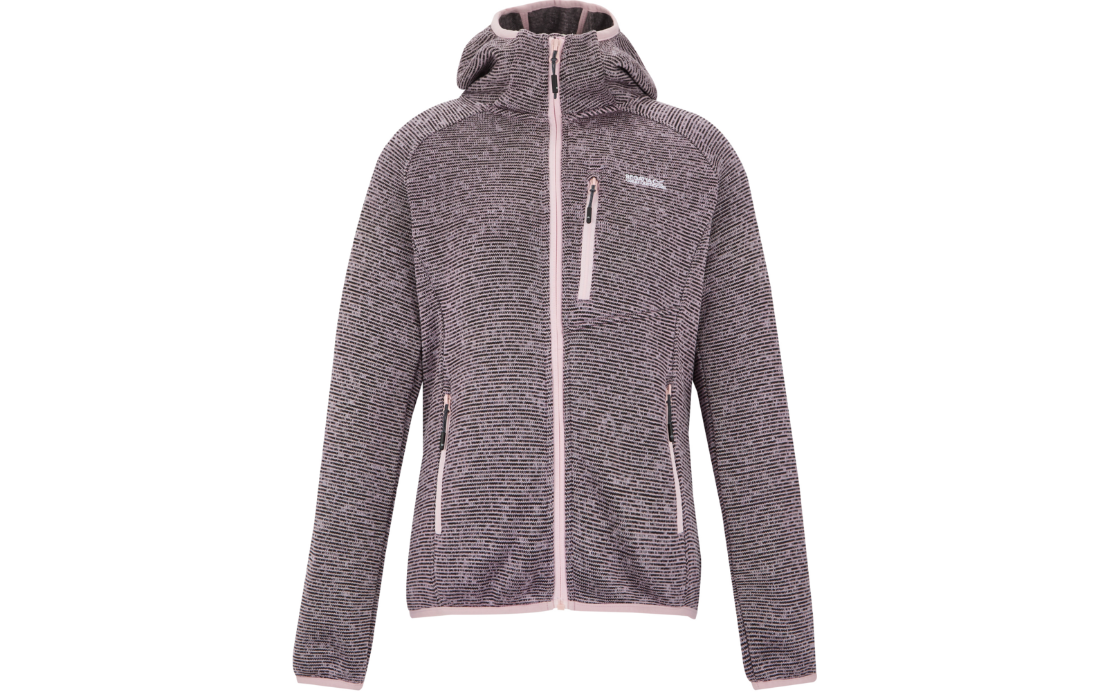 Graue melierte Fleecejacke mit Kapuze, durchgehendem Reißverschluss, hellrosa Kanten und Reißverschlüssen an Brust- und Seitentaschen, sichtbares Logo auf der linken Brust