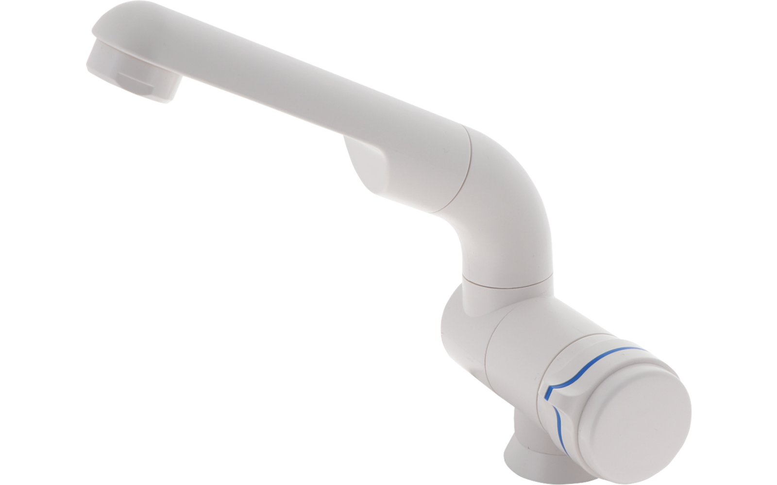 Rubinetto bianco con becco curvo e manopola rotonda con segno blu