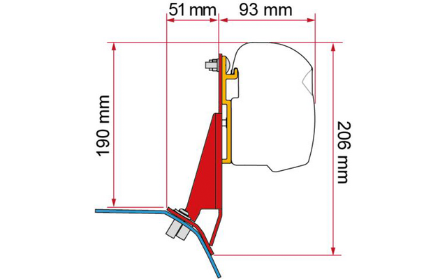 Seitenansicht einer technischen Zeichnung mit farbigen Teilen (rot, gelb, weiß, blau) und Maßlinien: 51 mm, 93 mm, 190 mm, 206 mm
