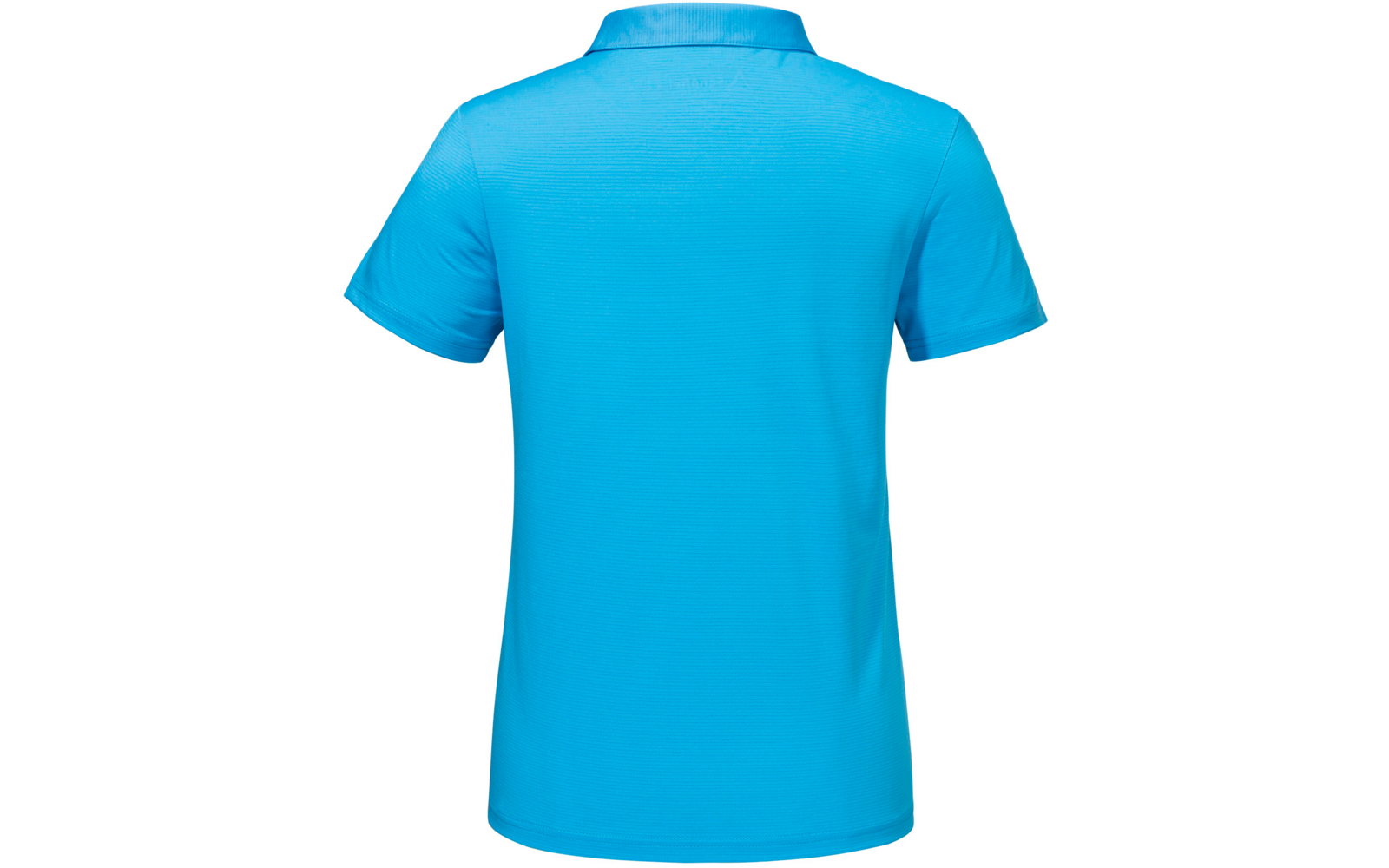 Achteraanzicht van een lichtblauw poloshirt op een witte achtergrond