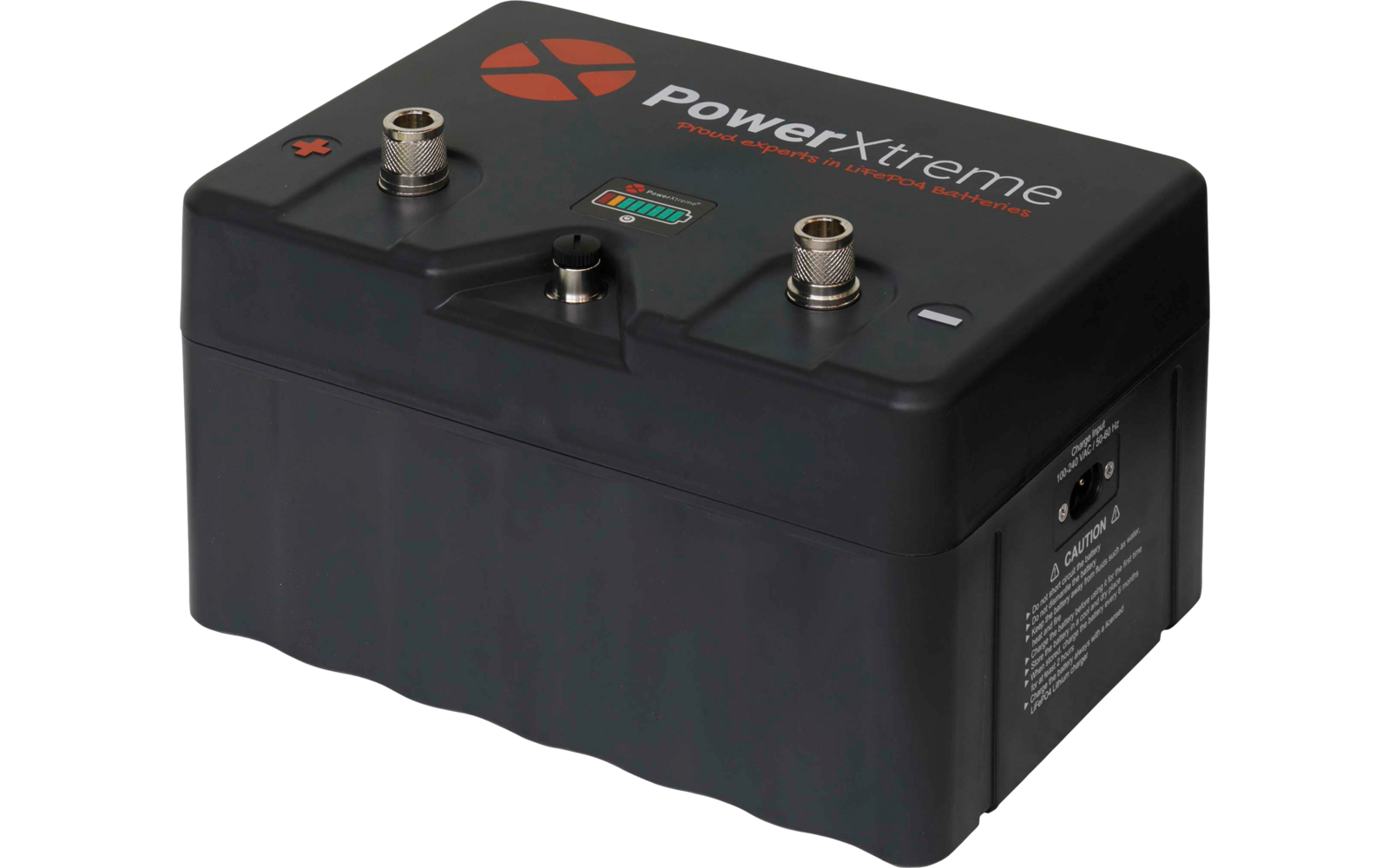 Schwarzes rechteckiges Gehäuse mit 'PowerXtreme'-Schriftzug oben, zwei Metallanschlüssen, mittigem Drehknopf, kleiner LED-Anzeige, seitlichem Netzanschluss und weißem Etikett