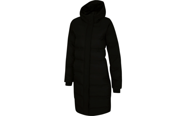 Schwarzer langer Wintermantel mit Kapuze