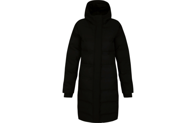 Black knee-length puffer coat with hood and long sleeves