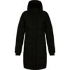 Black knee-length puffer coat with hood and long sleeves