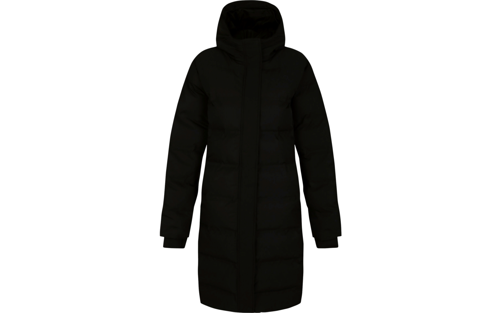 Black knee-length puffer coat with hood and long sleeves