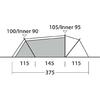 Seitenansicht einer Zelt-Skizze mit schattiertem Innenraum; zwei Dachgipfel mit Beschriftungen "100/Inner 90" und "105/Inner 95"; Bodenlinie mit Segmenten "115", "145", "115" und Gesamtlänge "375"
