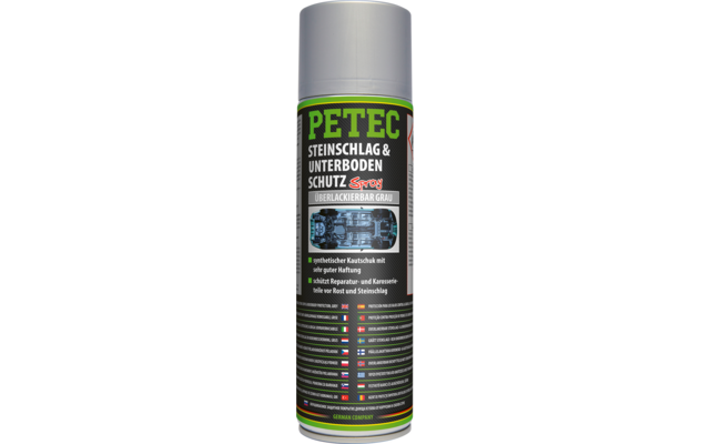 Silberne Sprühdose mit grün-schwarzem Etikett, großer Schriftzug PETEC, darunter STEINSCHLAG & UNTERBODEN SCHUTZ Spray und weitere kleine Beschriftungen