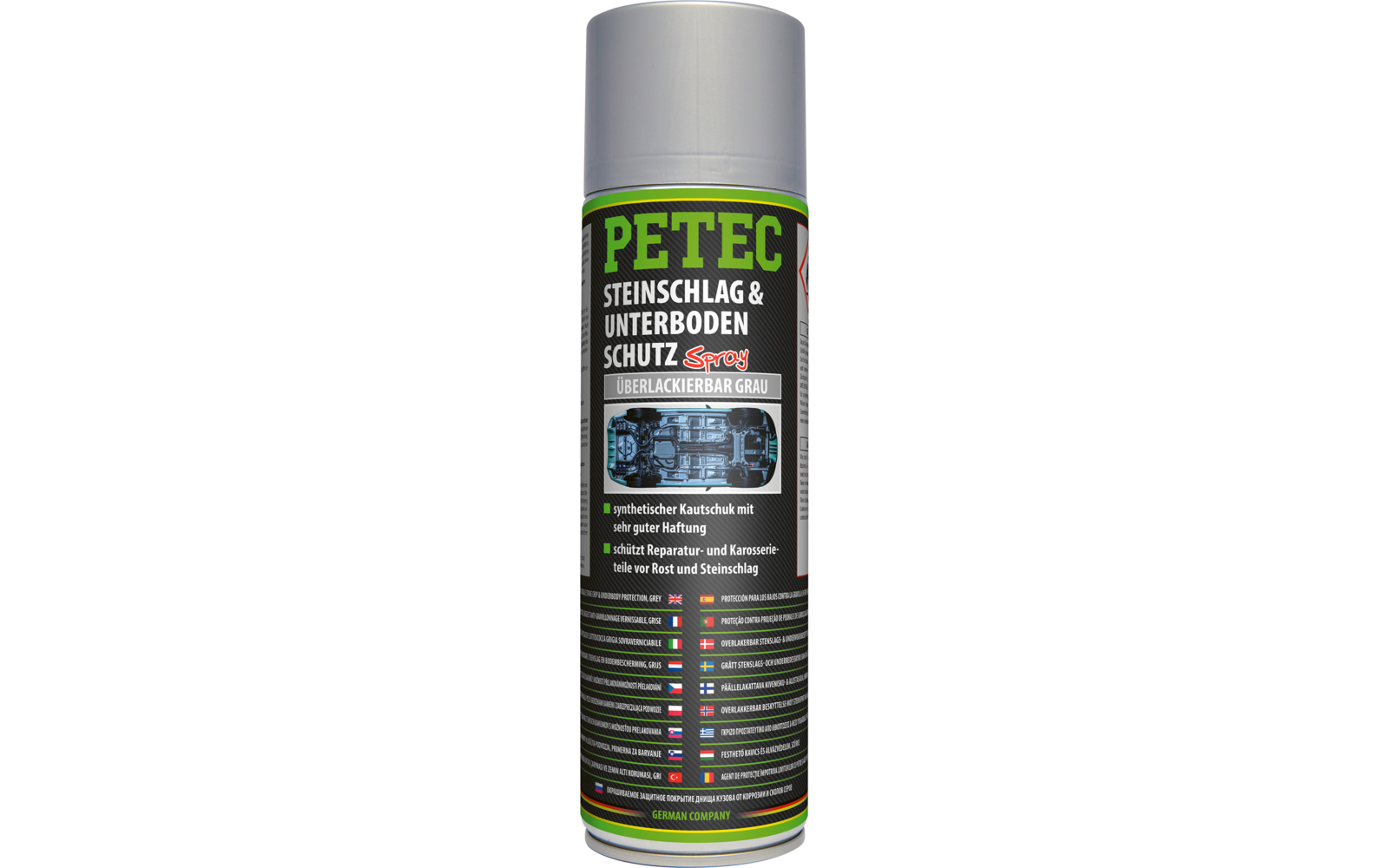 Silberne Sprühdose mit grün-schwarzem Etikett, großer Schriftzug PETEC, darunter STEINSCHLAG & UNTERBODEN SCHUTZ Spray und weitere kleine Beschriftungen