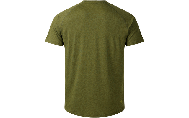 Vue de dos d'un t‑shirt olive à manches courtes, texture chinée, manches raglan et petit logo en bas à droite