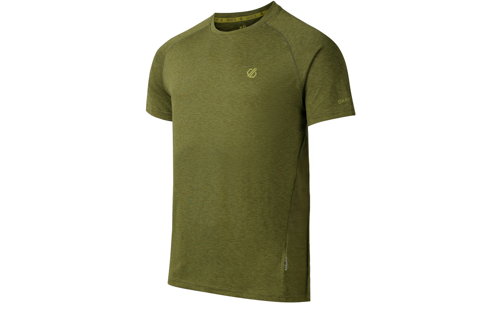 T-shirt olive à manches courtes, encolure ronde, coutures raglan, petit logo sur le côté gauche de la poitrine et étiquette sur la couture latérale