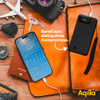 Smartphone avec écran bleu sur tissu orange, à côté d'un appareil photo, une figurine d'avion et des lunettes de soleil