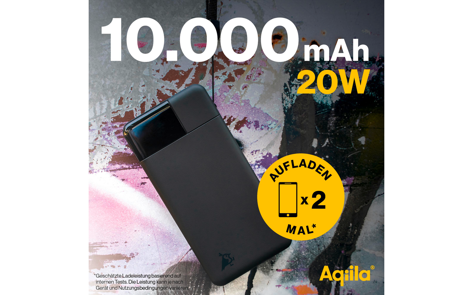 Batterie noire avec 10 000 mAh et 20W de capacité devant un fond floral