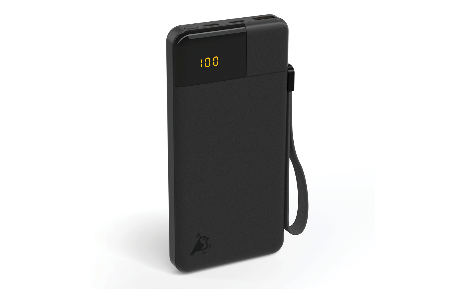 Batterie externe noire avec affichage numérique et sangle de transport sur fond blanc
