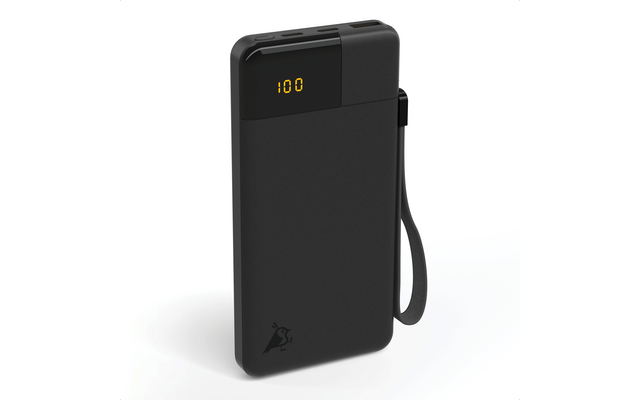Batterie externe noire avec affichage numérique et sangle de transport sur fond blanc