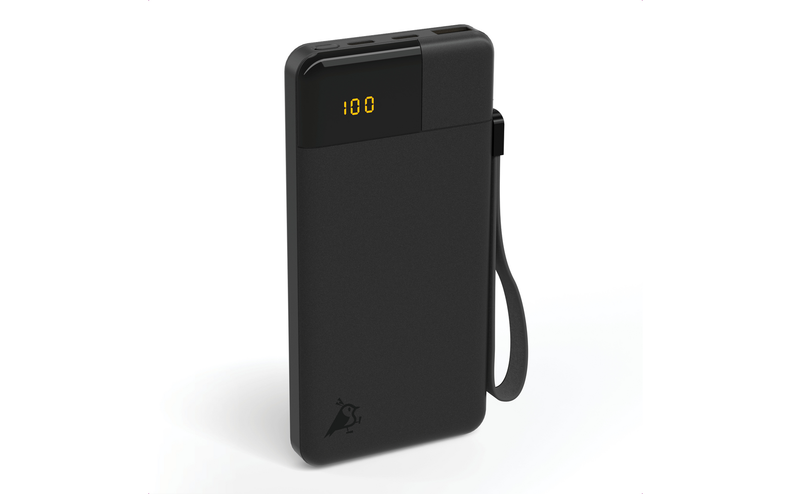 Schwarze Powerbank mit digitaler Anzeige und Trageschlaufe auf weißem Hintergrund