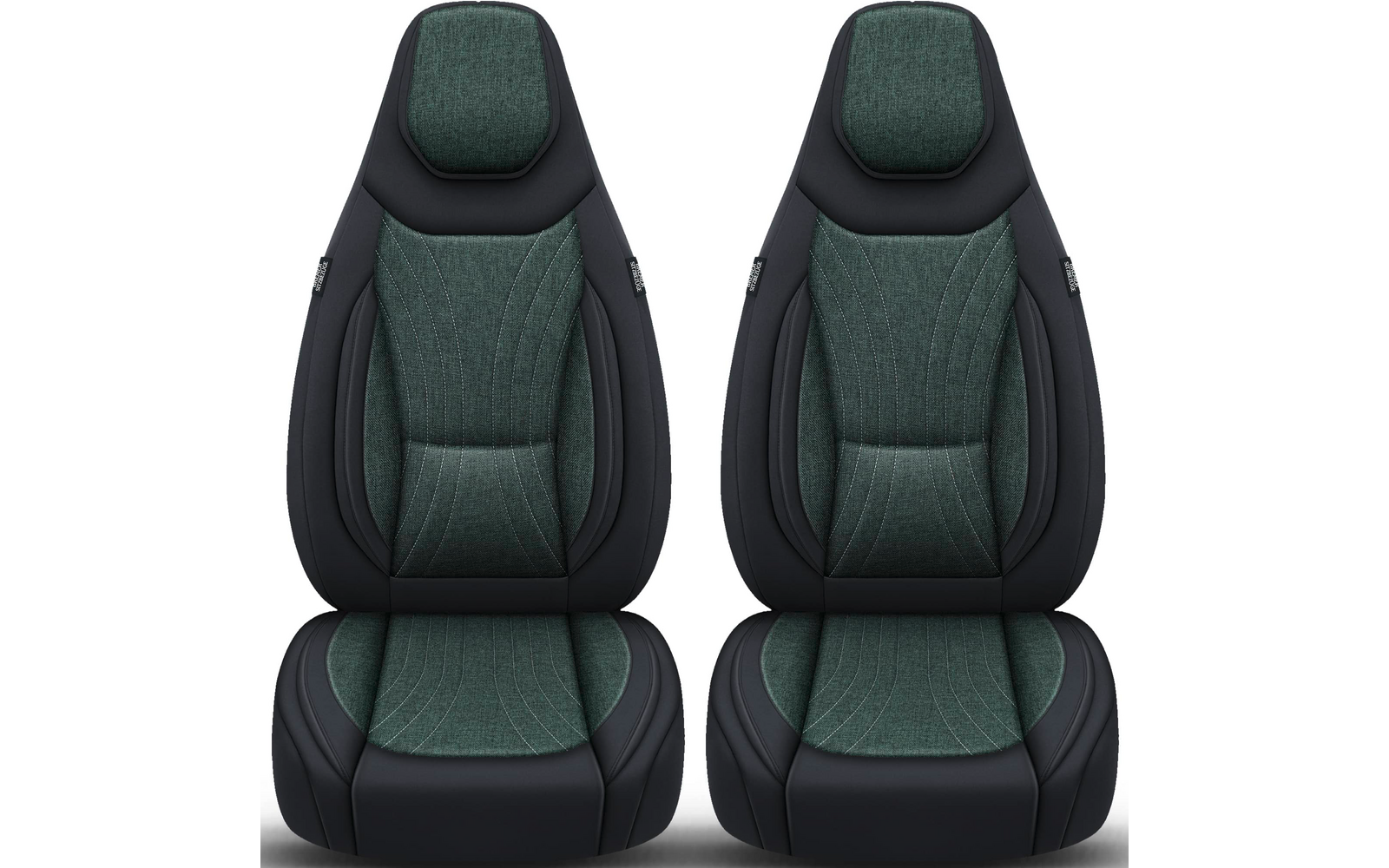 Zwei nebeneinander stehende Autositze, dunkelgrüne Stoffmittelteile, schwarze Außenpolster, integrierte Kopfstützen, sichtbare Nähte, weißer Hintergrund