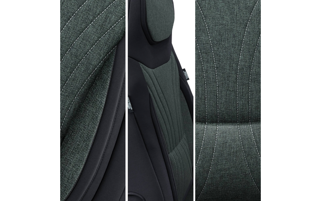 Drei vertikale Bildfelder mit Nahaufnahmen eines dunkelgrünen, gewebten Sitzbezugs mit weißen Ziernähten und schwarzen Seitenblenden; in der Mitte sichtbar der Kopfstützenbereich