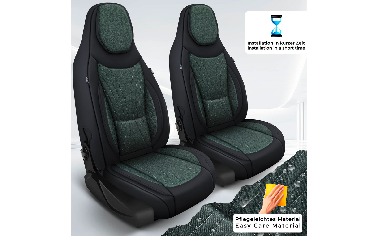 Zwei grün gepolsterte Autositzbezüge mit schwarzem Rand, dazwischen eine Mittelkonsole; rechts oben kleines Feld mit Sanduhr‑Symbol und den Texten 'Installation in kurzer Zeit' und 'Installation in a short time'; rechts unten Nahaufnahme eines Materi