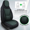 Ein einzelner Autositz mit grün-schwarzem, gepolstertem Bezug und Nackenpolster; oben rechts Piktogramm zweier Sitzkonturen mit grünem Pluszeichen; sichtbare Texte 'SITZBEZUG SET FAHRER UND BEIFAHRER' und 'Seat Cover Set Driver and Passenger'; runde 