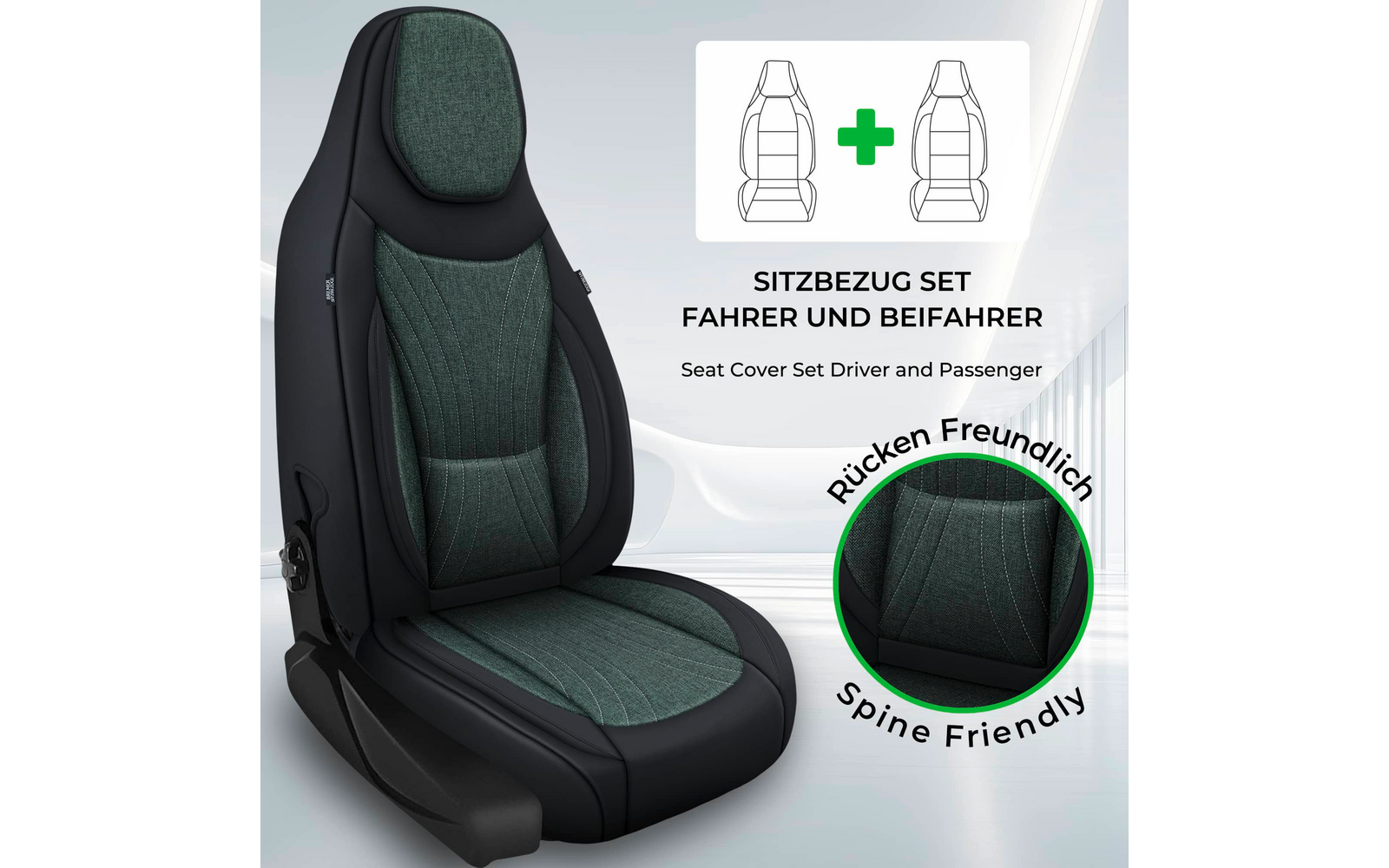 Ein einzelner Autositz mit grün-schwarzem, gepolstertem Bezug und Nackenpolster; oben rechts Piktogramm zweier Sitzkonturen mit grünem Pluszeichen; sichtbare Texte 'SITZBEZUG SET FAHRER UND BEIFAHRER' und 'Seat Cover Set Driver and Passenger'; runde 