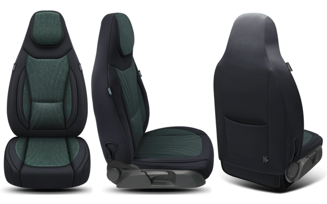 Drei Ansichten eines Autositzes (Vorder-, Seiten- und Rückansicht); Sitzfläche und Rückenlehne mit dunkelgrünem Stoff, Seiten und Kopfstütze mit schwarzem Bezug, sichtbare Nähte und Rückentasche