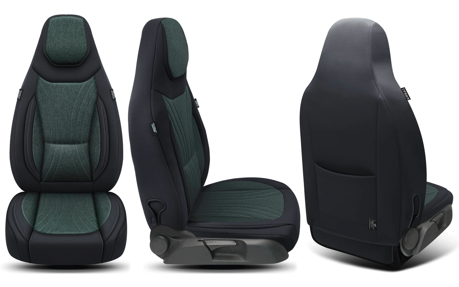 Drei Ansichten eines Autositzes (Vorder-, Seiten- und Rückansicht); Sitzfläche und Rückenlehne mit dunkelgrünem Stoff, Seiten und Kopfstütze mit schwarzem Bezug, sichtbare Nähte und Rückentasche