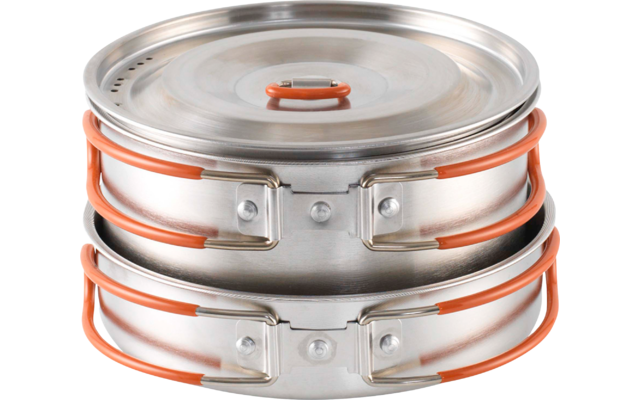 Zwei gestapelte Edelstahltöpfe mit orangefarbenen Klappgriffen und Deckel
