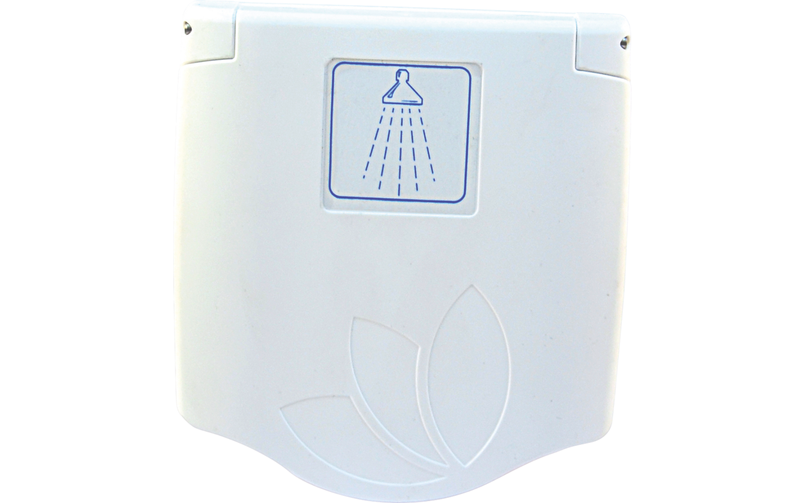 Coque en plastique blanche rectangulaire à bord inférieur arrondi; en haut, panneau carré avec icône de douche bleue et jets d'eau; en bas, motif floral à trois pétales en relief