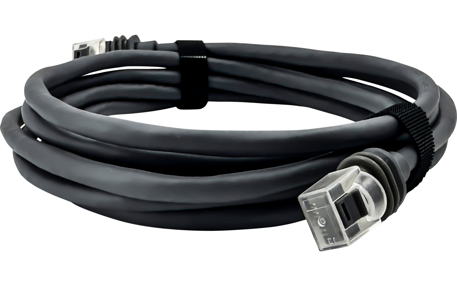 Schwarzes, aufgerolltes Netzwerkkabel mit zwei RJ45-Steckern auf weißem Hintergrund