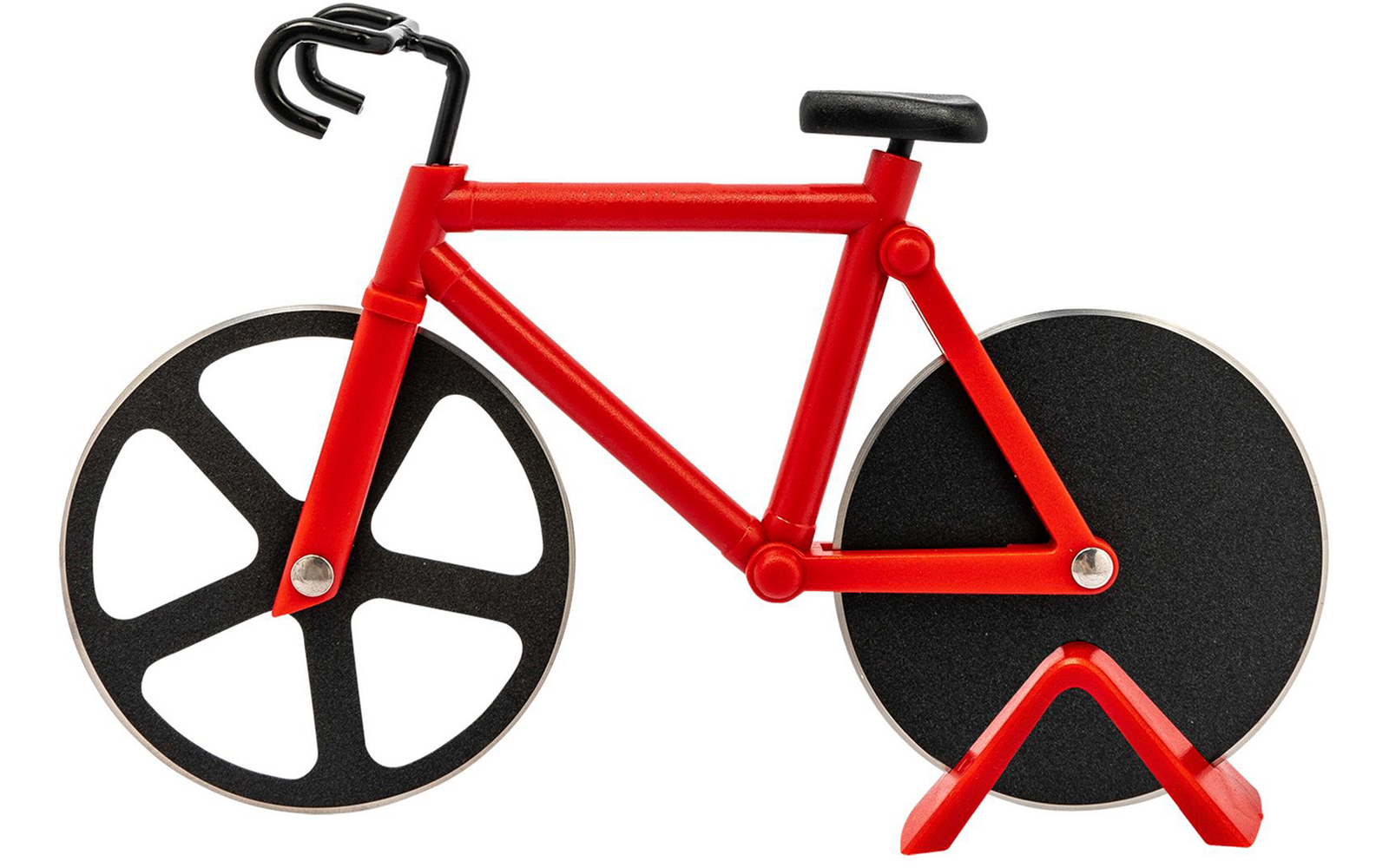 Objet en forme de vélo rouge avec deux disques métalliques ronds comme roues, selle noire, poignées noires et béquille rouge sur fond blanc