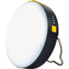 Lumière ronde blanche avec bord noir et affichage LCD, posée sur un petit support