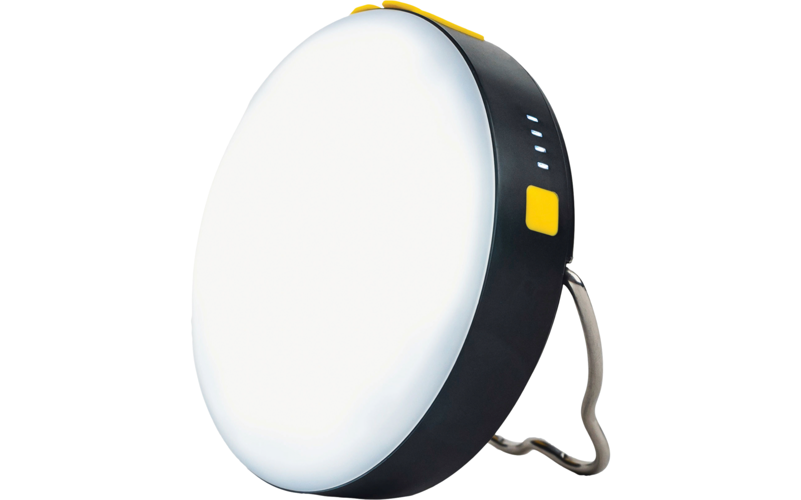 Lumière ronde blanche avec bord noir et affichage LCD, posée sur un petit support