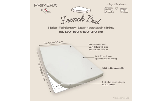 Witte hoeslaken op een matras in een beige productillustratie. Pijlen en Duitse tekst: breedte ca. 130–160 cm, lengte ca. 190–210 cm, matrashoogte 8–15 cm, rondom elastiek, 100% katoen, afgeschuinde linkerhoek. Merkenlogo 'PRIMERA TRAVEL' en kleine camper- en huispictogrammen rechtsboven