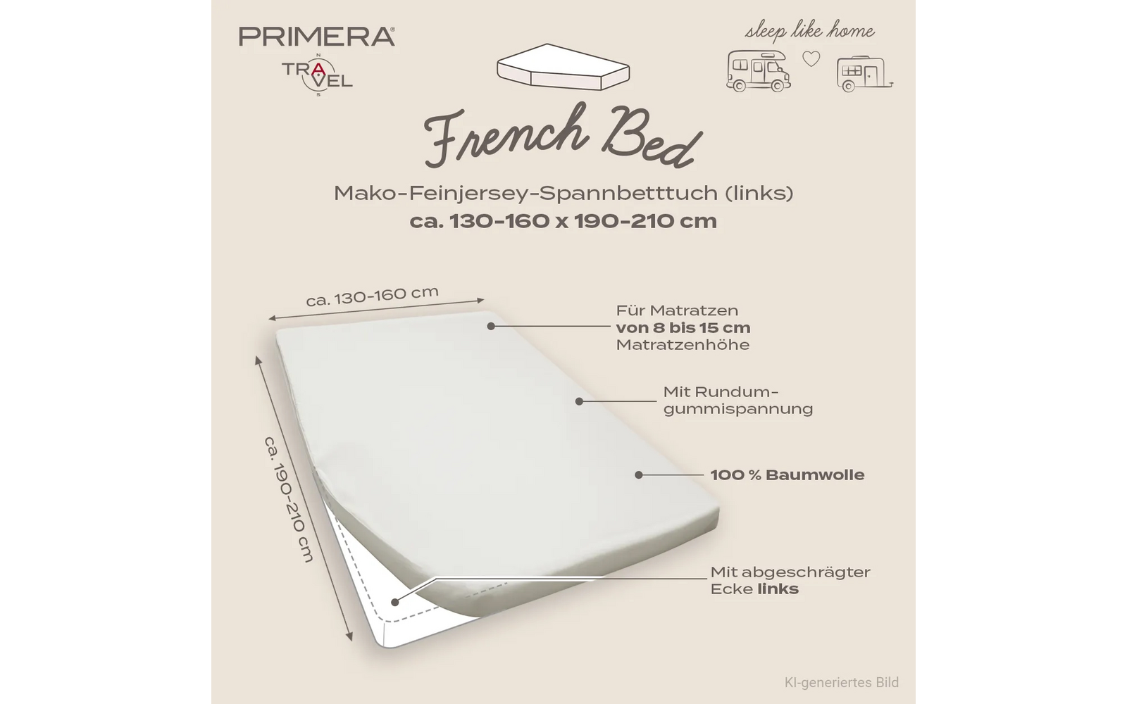Witte hoeslaken op een matras in een beige productillustratie. Pijlen en Duitse tekst: breedte ca. 130–160 cm, lengte ca. 190–210 cm, matrashoogte 8–15 cm, rondom elastiek, 100% katoen, afgeschuinde linkerhoek. Merkenlogo 'PRIMERA TRAVEL' en kleine camper- en huispictogrammen rechtsboven