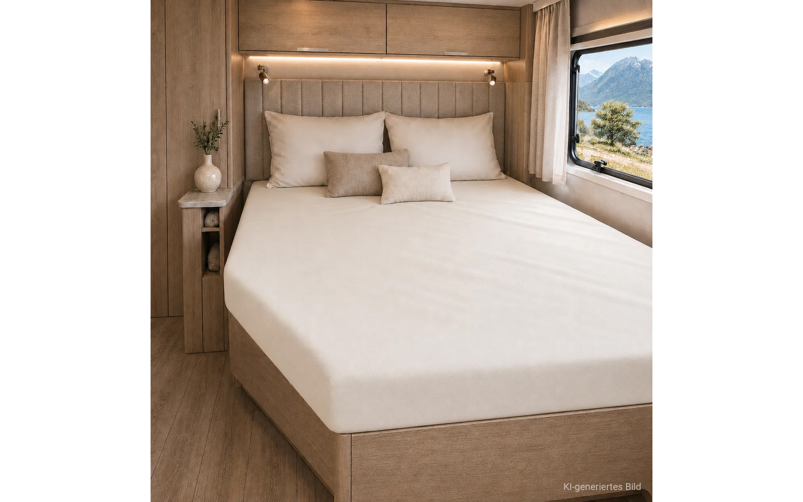 Tweepersoonsbed met beige hoeslaken, drie kussens, bekleed hoofdeinde, nachtkastje met vaas en groen, wandlampen, raam met uitzicht op meer en bergen, lichte houten inrichting