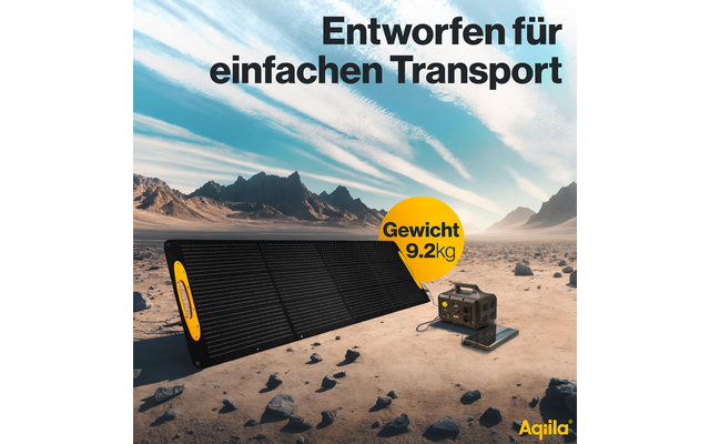 Zonnepaneel op zandgrond met bergen op de achtergrond, tekst 'Ontworpen voor eenvoudig transport, gewicht 9,2 kg'