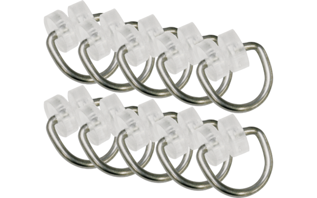 Acht transparente Kunststoffclips, jeweils mit einem silbernen Metallring, angeordnet in zwei parallelen Reihen auf weißem Hintergrund