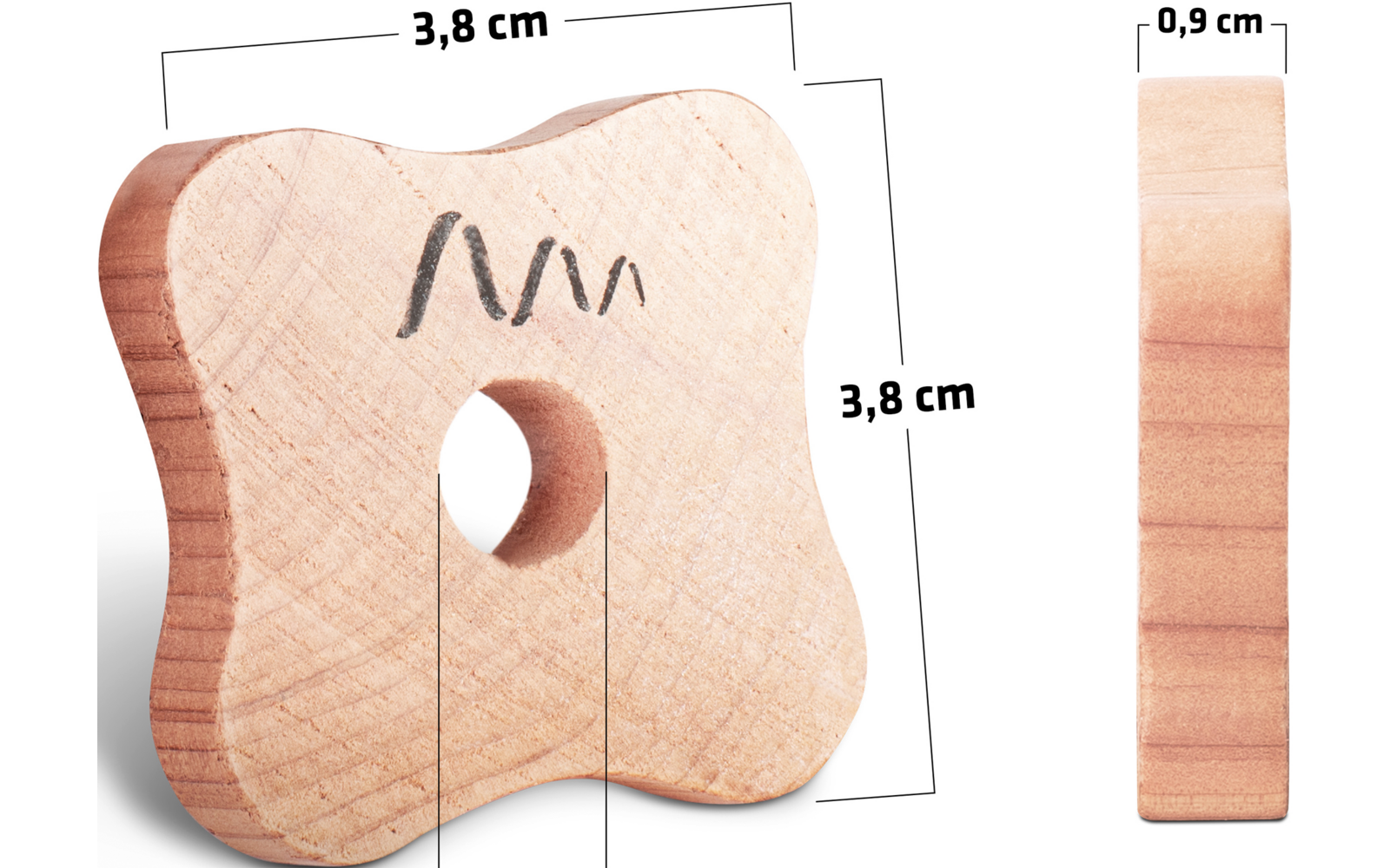 Holzring in Schmetterlingsform mit einem Loch in der Mitte, Höhe 3,8 cm, Breite 3,8 cm, Dicke 0,8 cm