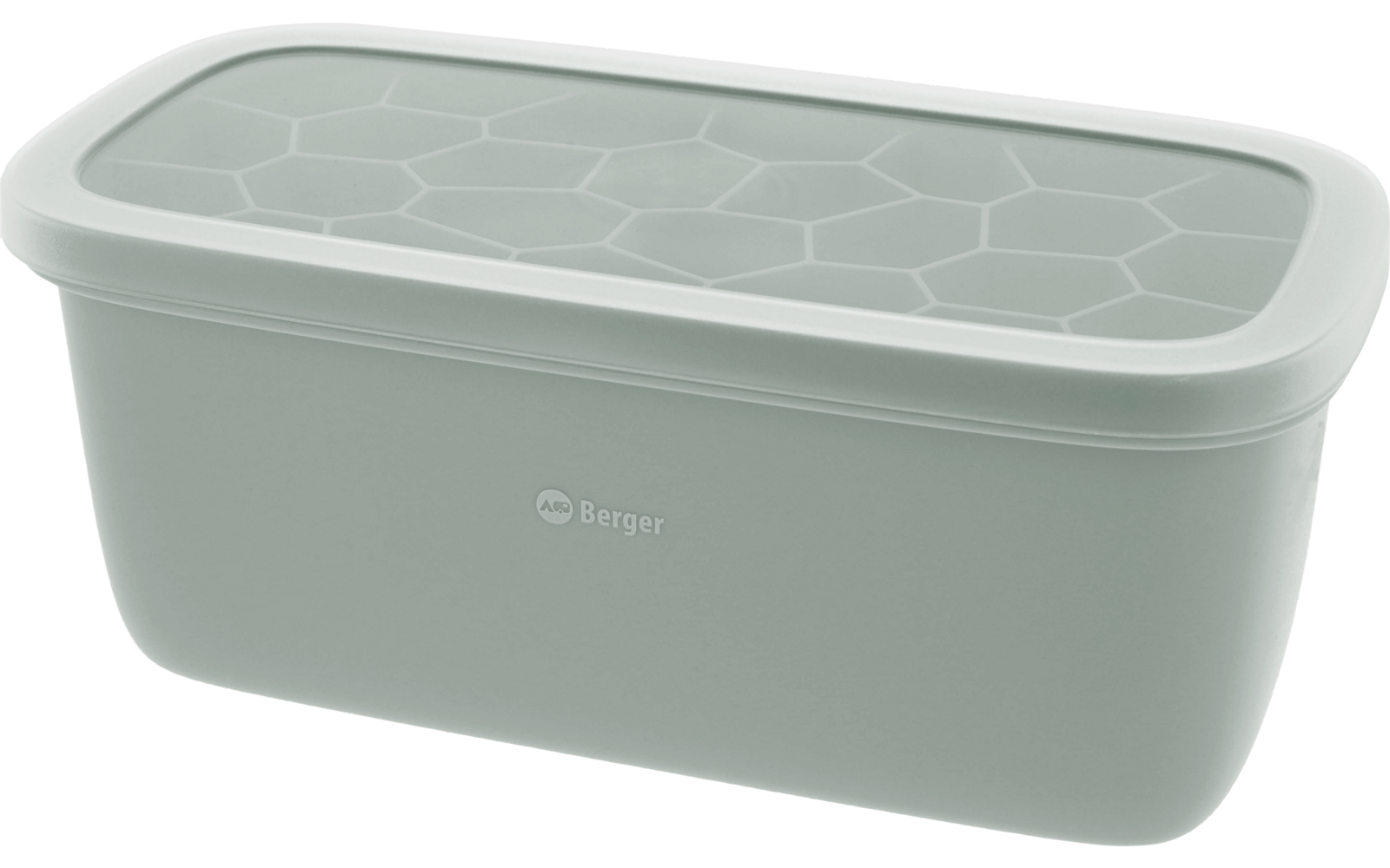 Rechteckiger hellgrüner Kunststoffbehälter mit passendem Deckel, sechseckigem Muster auf der Deckelfläche und Logo auf der Vorderseite