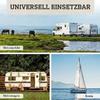 Dreiteiliges Bild: oben zwei Wohnmobile auf einer Grasfläche am Wasser mit grasenden Pferden und dem Text 'UNIVERSELL EINSETZBAR'; unten links ein Wohnwagen vor Bäumen mit Beschriftung 'Wohnwagen'; unten rechts ein Segelboot auf dem Meer mit Beschrif